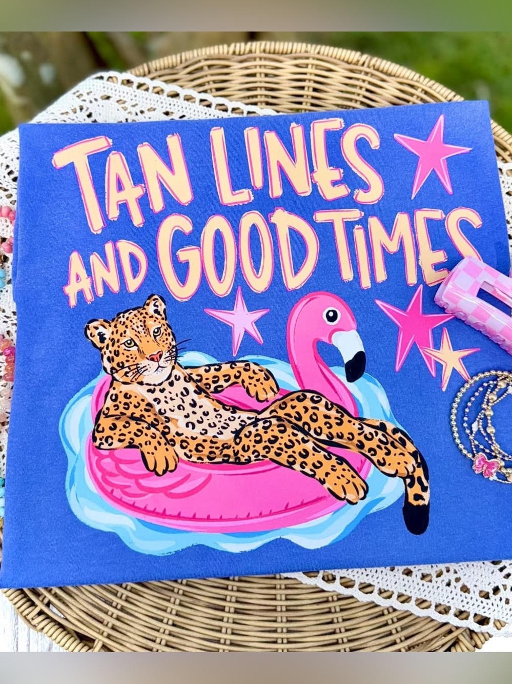 Tan Lines and Good Times Graphic Tee - Bright Blue & Pink Small-XL